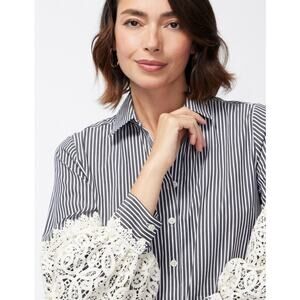 Chico's Poplin Stripe Crochet Puff Sleeve Button Front Shirt Top Blouse sz 10 US